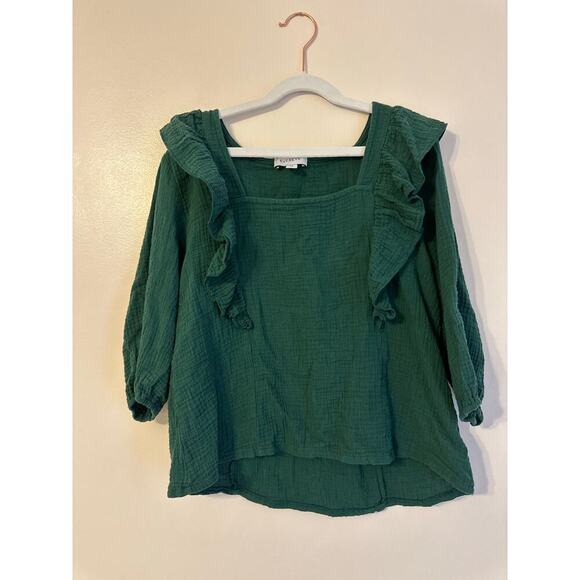 Evereve Francine Ruffle Gauze Emerald Green 3/4 Sleeve 100% Cotton Blouse XS - Picture 4 of 7